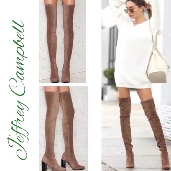 NWT JEFFREY CAMPBELL Perouze Over-The-Knee Faux Suede Block Heel Boots Taupe 8.5 - Picture 5 of 16